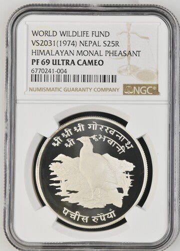 1974 NEPAL HIMALAYAN MONAL PHEASANT WORLD WILDLIFE FUND S25R PF 69 ULTRA CAMEO - NGC SILVER COINS - Cambridgeshire Coins