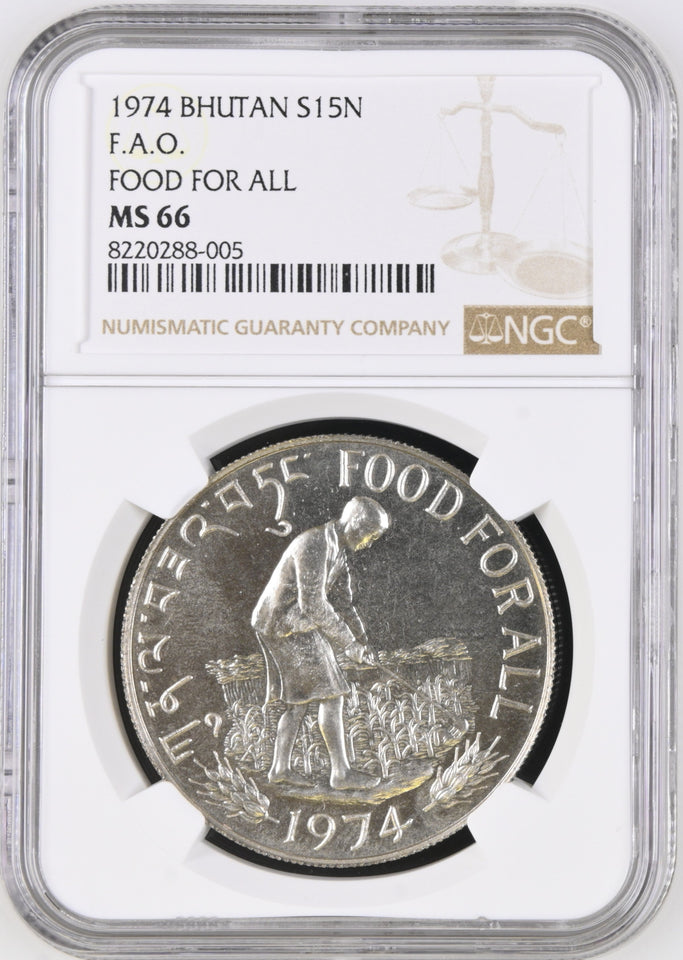 1974 SILVER BHUTAN 15 NGULTRUMS FOOD FOR ALL ( NGC ) MS66 - NGC SILVER COINS - Cambridgeshire Coins