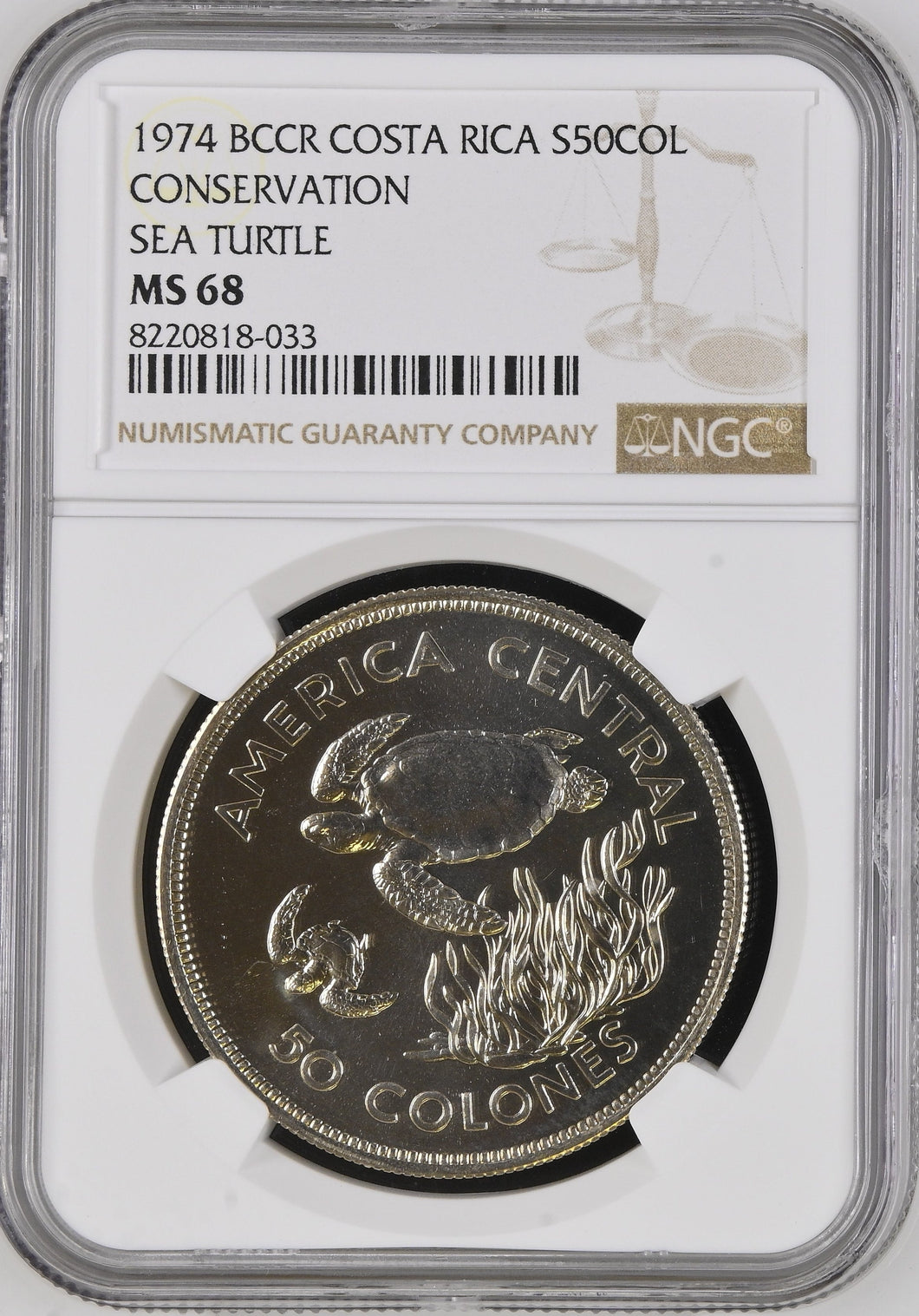 1974 SILVER COSTA RICA FIFTY COLONES CONSERVATION SEA TURTLE ( NGC ) MS68 - NGC SILVER COINS - Cambridgeshire Coins