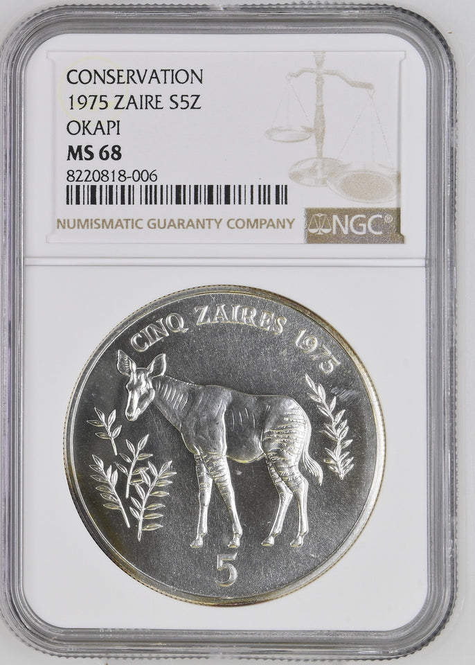 1975 SILVER 5 ZAIRE CONSERVATION OKAPI COIN ( NGC ) MS68 - NGC SILVER COINS - Cambridgeshire Coins