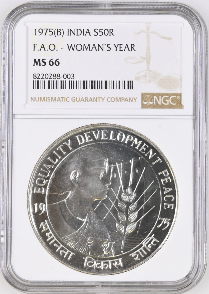 1975 SILVER FIFTY RUPEES WOMANS YEAR EQUALITY DEVELOPMENT ( NGC ) MS66 - NGC SILVER COINS - Cambridgeshire Coins