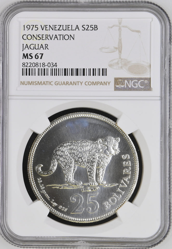 1975 SILVER VENEZUELA TWENTY FIVE BOLIVARS CONSERVATION JAGUAR ( NGC ) MS67 - NGC SILVER COINS - Cambridgeshire Coins