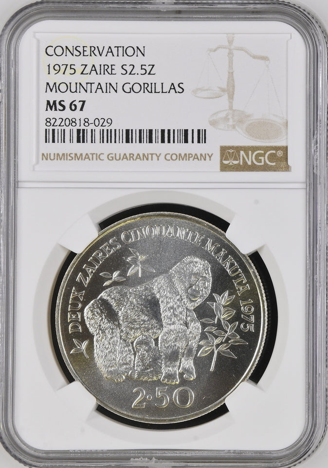 1975 SILVER ZAIRE 2.50 ZAÏRES CONSERVATION MOUNTAIN GORILLAS ( NGC ) MS67 - NGC SILVER COINS - Cambridgeshire Coins