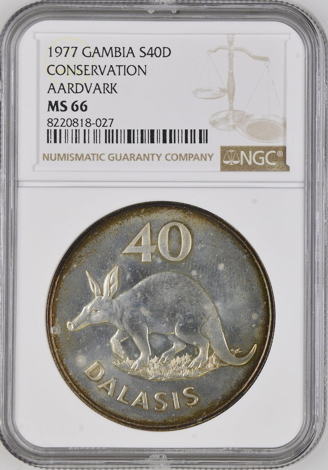 1977 SILVER GAMBIA FORTY DELASIS CONSERVATION AARDVARK ( NGC ) MS66 - NGC SILVER COINS - Cambridgeshire Coins