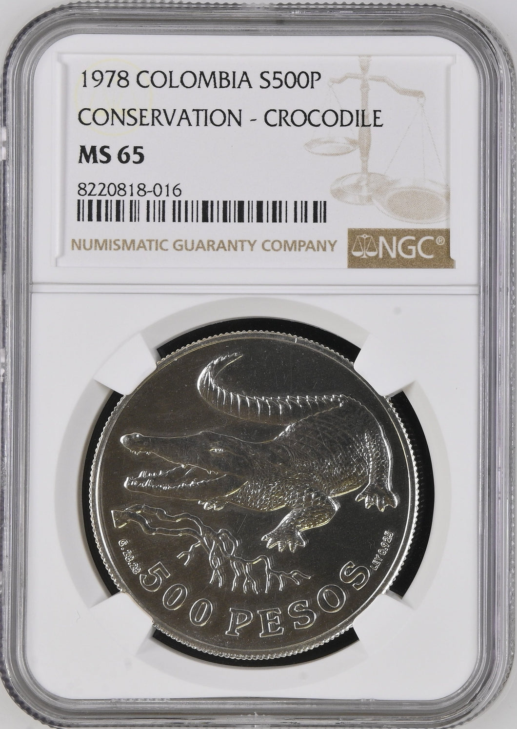 1978 SILVER COLOMBIA 500 PESOS CONSERVATION CROCODILE ( NGC ) MS65 - NGC SILVER COINS - Cambridgeshire Coins