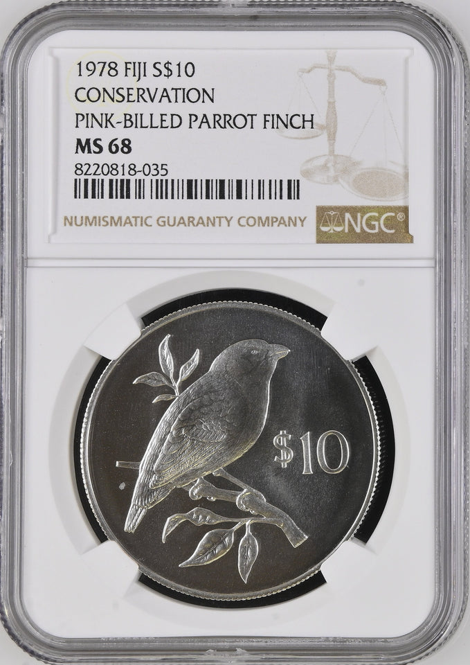 1978 SILVER FIJI TEN DOLLARS CONSERVATION PINK BILLED PARROT FINCH ( NGC ) MS68 - NGC SILVER COINS - Cambridgeshire Coins