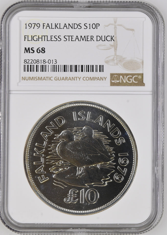 1979 SILVER FALKLAND ISLANDS CONSERVATION FLIGHTLESS STEAMER DUCK ( NGC ) MS68 - NGC SILVER COINS - Cambridgeshire Coins