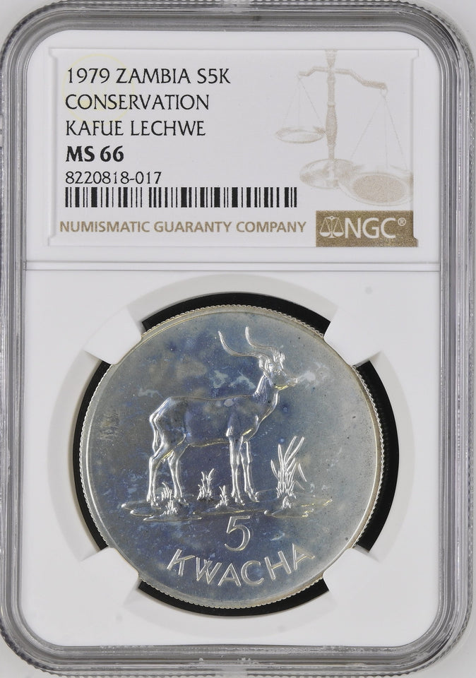 1979 SILVER ZAMBIA FIVE KWACHA CONSERVATION KAFU LECHWE ( NGC ) MS66 - NGC SILVER COINS - Cambridgeshire Coins