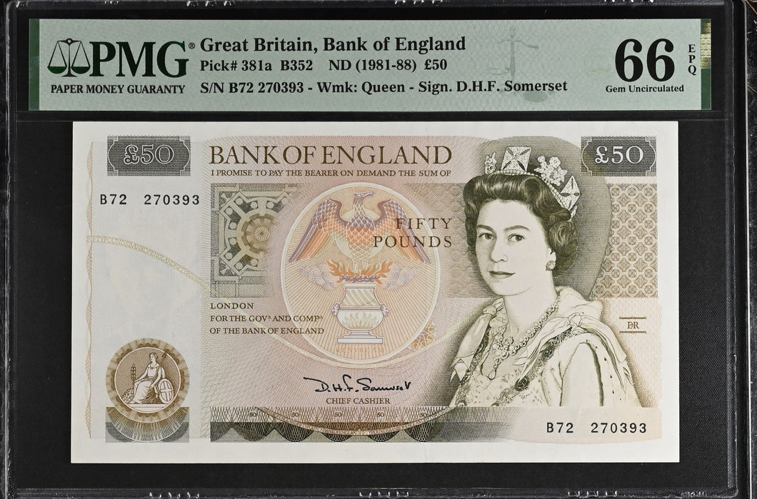 1981 - 88 FIFTY POUNDS BANKNOTE D.H.F.SOMERSET P381a PMG 66 GEM UNCIRCULATED B72270393 - PMG CERTIFIED ENGLISH BANKNOTES - Cambridgeshire Coins