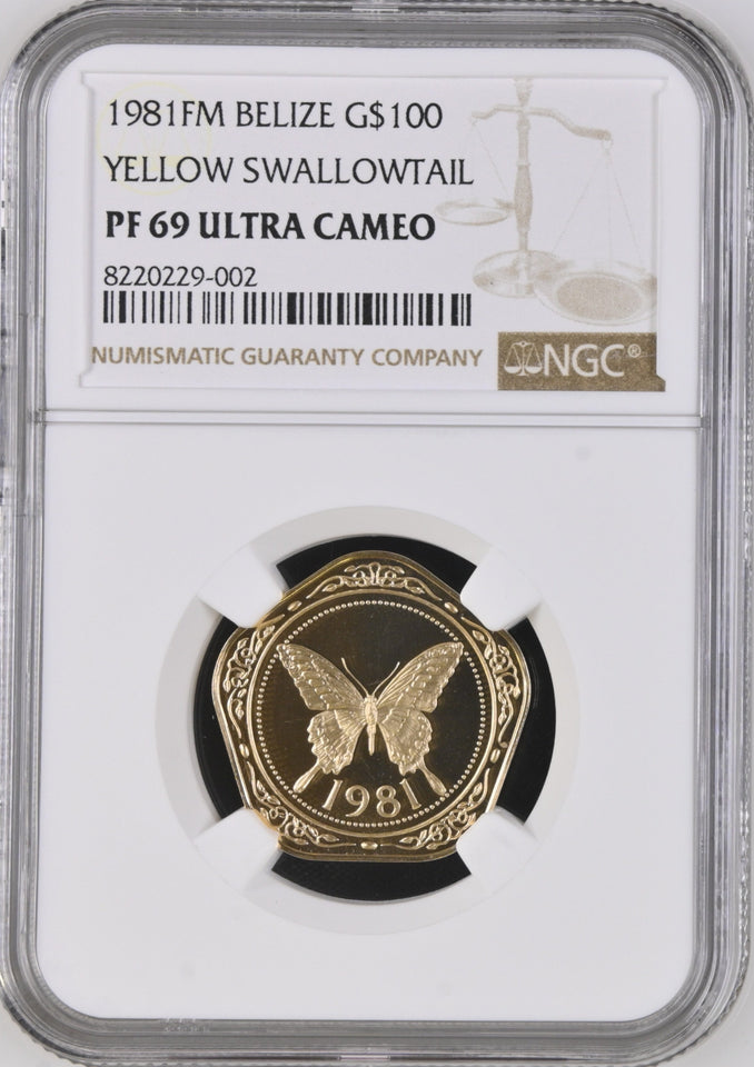 1981 BELIZE GOLD $100 YELLOW SWALLOWTAIL NGC PF 69 ULTRA CAMEO - NGC GOLD COINS - Cambridgeshire Coins