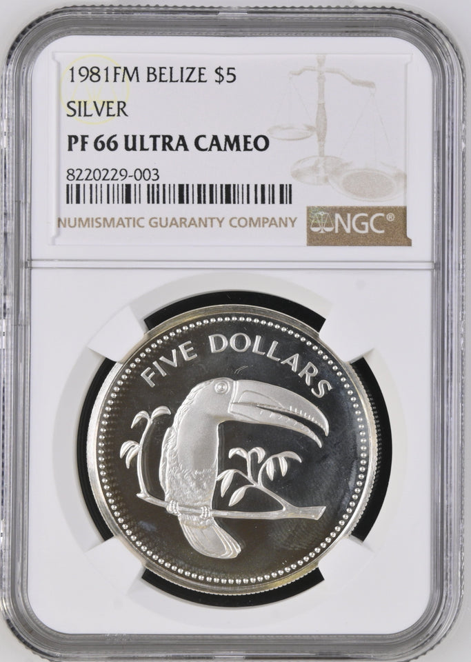 1981 SILVER PROOF $5 BELIZE KEEL BILLED TOUCAN ( NGC ) PF 66 ULTRA CAMEO - NGC SILVER COINS - Cambridgeshire Coins