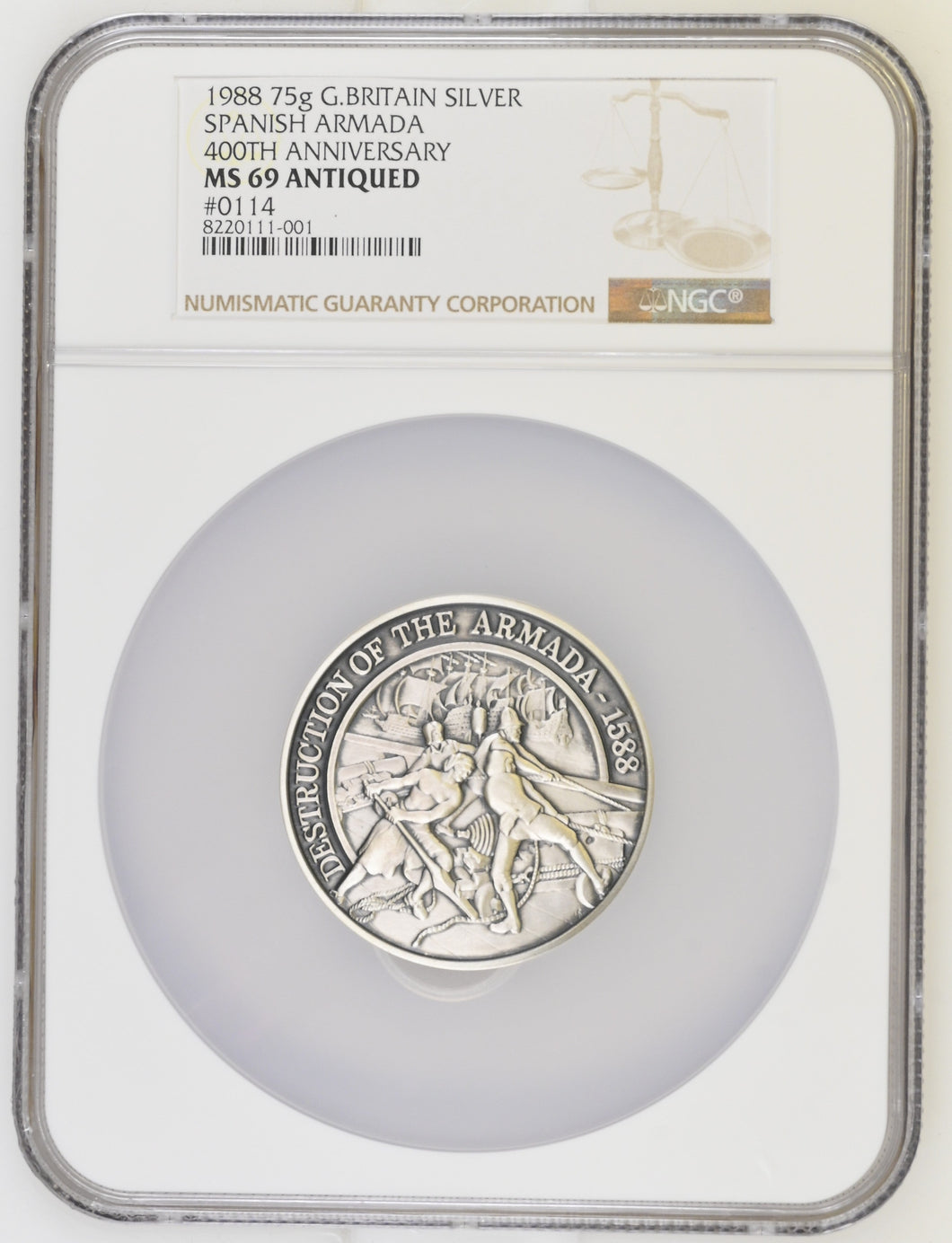 1988 75g BRITISH SILVER MEDAL DESTRUCTION OF THE ARMADA 400TH ANNIVERSARY (NGC) MS 69 - NGC CERTIFIED COINS - Cambridgeshire Coins