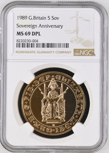 1989 GOLD SOVEREIGN ANNIVERSARY 5 SOVEREIGN (NGC) MS69 DPL - NGC GOLD COINS - Cambridgeshire Coins