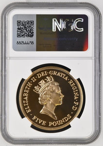 1990 GOLD FIVE POUND BIRTH OF QUEEN MOTHER (NGC) PF69 ULTRA CAMEO - NGC GOLD COINS - Cambridgeshire Coins