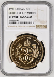 1990 GOLD FIVE POUND BIRTH OF QUEEN MOTHER (NGC) PF69 ULTRA CAMEO - NGC GOLD COINS - Cambridgeshire Coins