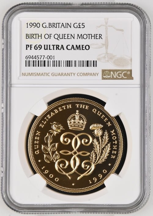 1990 GOLD FIVE POUND BIRTH OF QUEEN MOTHER (NGC) PF69 ULTRA CAMEO - NGC GOLD COINS - Cambridgeshire Coins