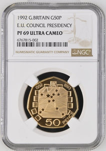 1992 GOLD PROOF E.U. COUNCIL PRESIDENCY 50P PF69 ULTRA CAMEO - NGC GOLD COINS - Cambridgeshire Coins