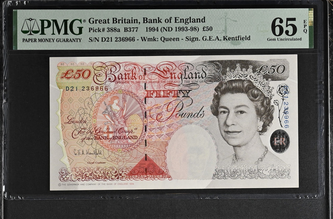 1993 - 98 FIFTY POUNDS BANKNOTE G.E.A. KENTFIELD P388a PMG 65 GEM UNCIRCULATED D21236966 - PMG CERTIFIED ENGLISH BANKNOTES - Cambridgeshire Coins