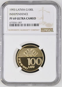 1993 GOLD LATVIA INDEPENDENCE 75TH ANNIVERSARY 100 LATU PF 69 ULTRA CAMEO - NGC SILVER COINS - Cambridgeshire Coins