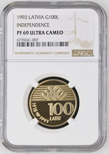 1993 GOLD LATVIA INDEPENDENCE 75TH ANNIVERSARY 100 LATU PF 69 ULTRA CAMEO - NGC SILVER COINS - Cambridgeshire Coins