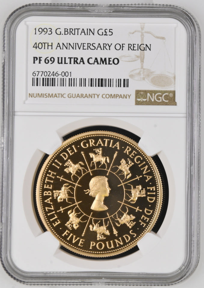 1993 GOLD PROOF £5 SOVEREIGN 40TH ANNIVERSARY OF REIGN ( NGC ) PF 69 ULTRA CAMEO - NGC GOLD COINS - Cambridgeshire Coins