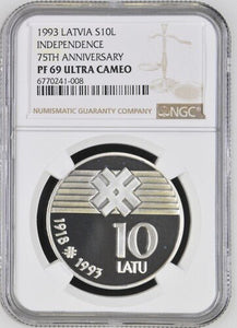 1993 LATVIA INDEPENDENCE 75TH ANNIVERSARY S10L PF 69 ULTRA CAMEO - NGC SILVER COINS - Cambridgeshire Coins