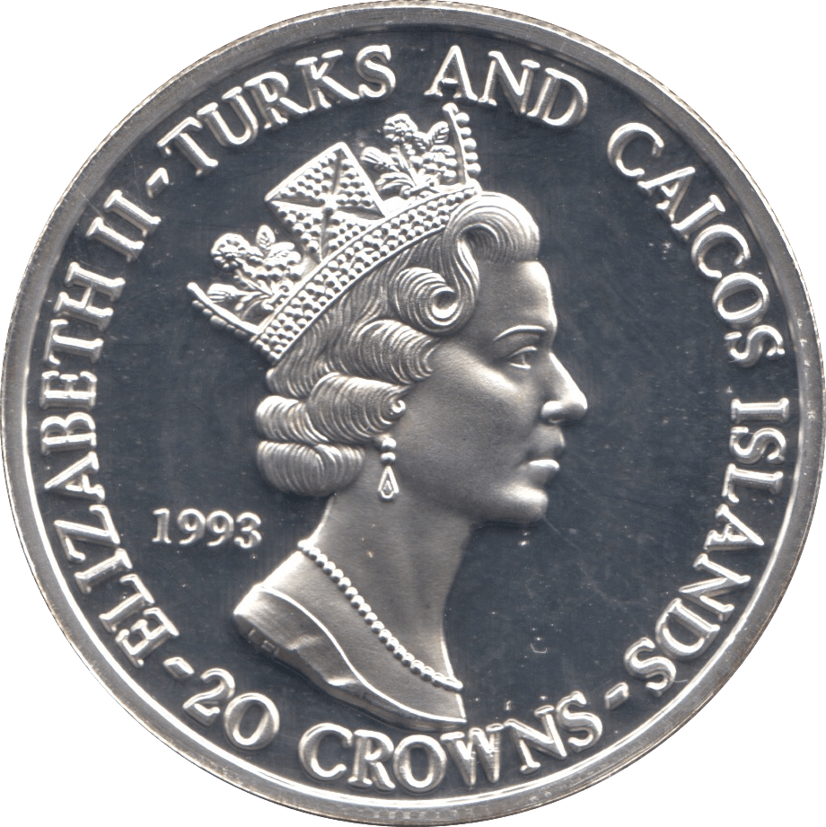 1993 SILVER PROOF CORONATION ANNIVERSARY TWENTY CROWNS TURKS AND CAICOS) - SILVER WORLD COINS - Cambridgeshire Coins