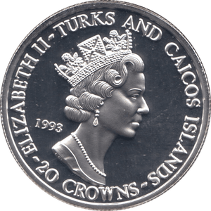 1994 SILVER PROOF 20 CROWNS TURKS AND CAICOS - SILVER WORLD COINS - Cambridgeshire Coins