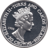 1994 SILVER PROOF 20 CROWNS TURKS AND CAICOS - SILVER WORLD COINS - Cambridgeshire Coins