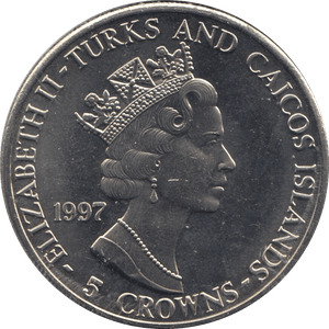 1997 CROWN JEWELS FIVE CROWNS TURKS AND CAICOS F325 - SILVER WORLD COINS - Cambridgeshire Coins