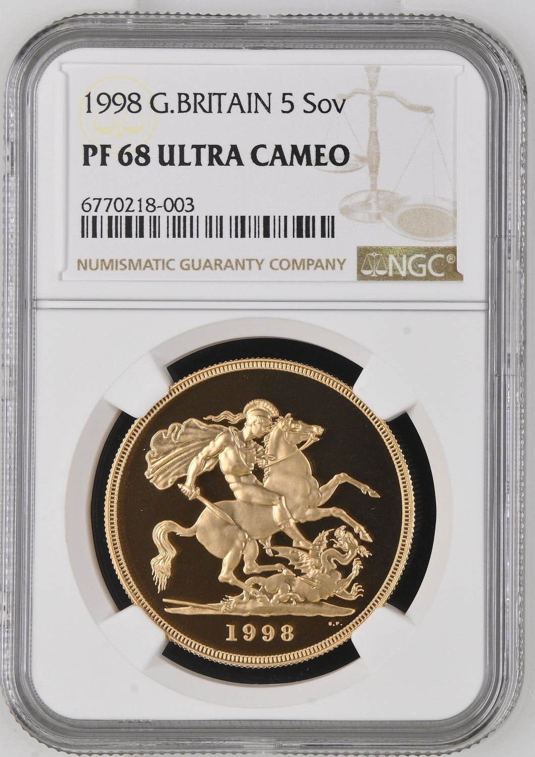 1998 GOLD PROOF £5 SOVEREIGN ( NGC ) PF 68 ULTRA CAMEO - NGC GOLD COINS - Cambridgeshire Coins