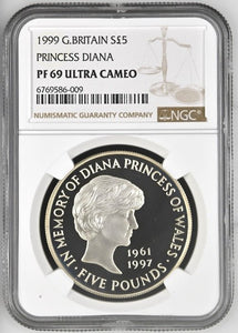 1999 SILVER PROOF £5 PRINCESS DIANA ( NGC ) PF 69 ULTRA CAMEO - NGC SILVER COINS - Cambridgeshire Coins