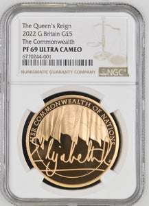 2022 GOLD PROOF THE QUEENS REIGN THE COMMONWEALTH  £5 (NGC) PF69 ULTRA CAMEO