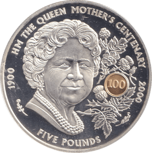 2000 SILVER FIVE POUNDS BAILIWICK OF GUERNSEY QUEEN MOTHERS CENTENARY - SILVER WORLD COINS - Cambridgeshire Coins