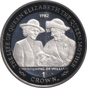 2002 SILVER ONE CROWN ISLE OF MAN QUEEN MOTHER CHRISTENING OF WILLIAM - SILVER WORLD COINS - Cambridgeshire Coins