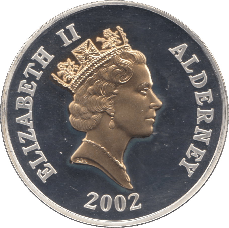 2002 SILVER PROOF FIVE POUNDS ALDERNEY - SILVER WORLD COINS - Cambridgeshire Coins