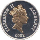 2002 SILVER PROOF FIVE POUNDS ALDERNEY - SILVER WORLD COINS - Cambridgeshire Coins