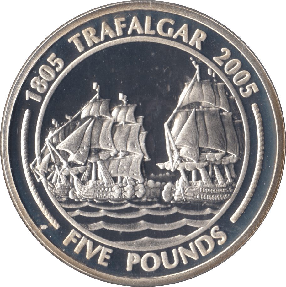 2005 SILVER PROOF FIVE POUNDS BATTLE OF TRAFALGAR COMMEMORATIVE GIBRALTAR Ref 3 - SILVER WORLD COINS - Cambridgeshire Coins