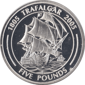 2005 SILVER PROOF FIVE POUNDS BATTLE OF TRAFALGAR COMMEMORATIVE GIBRALTAR Ref 5 - SILVER WORLD COINS - Cambridgeshire Coins