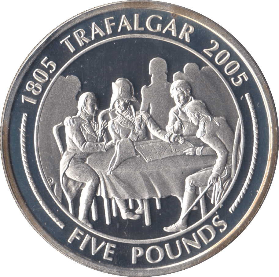 2005 SILVER PROOF FIVE POUNDS BATTLE OF TRAFALGAR COMMEMORATIVE GIBRALTAR Ref 6 - SILVER WORLD COINS - Cambridgeshire Coins