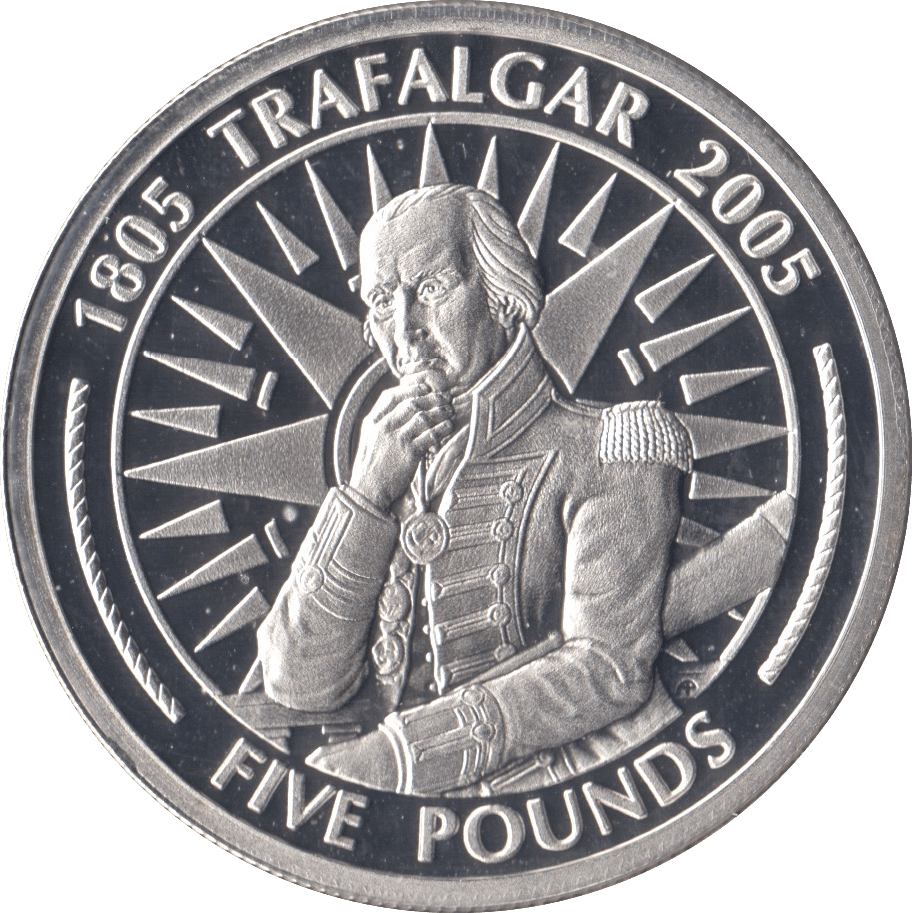 2005 SILVER PROOF FIVE POUNDS BATTLE OF TRAFALGAR COMMEMORATIVE GIBRALTAR Ref 7 - SILVER WORLD COINS - Cambridgeshire Coins