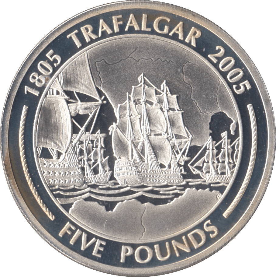 2005 SILVER PROOF FIVE POUNDS BATTLE OF TRAFALGAR COMMEMORATIVE GIBRALTAR Ref 8 - SILVER WORLD COINS - Cambridgeshire Coins