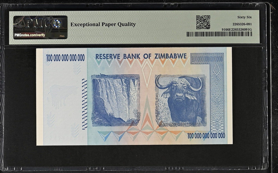 2008 ZIMBABWE 100 TRILLION DOLLARS RESERVE BANK P91 66 EPQ PMG - PMG CERTIFIED WORLD BANKNOTES - Cambridgeshire Coins