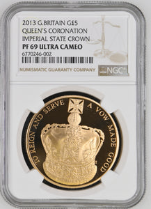 2013 GOLD FIVE POUND QUEEN'S CORONATION PF 69 ULTRA CAMEO - NGC GOLD COINS - Cambridgeshire Coins