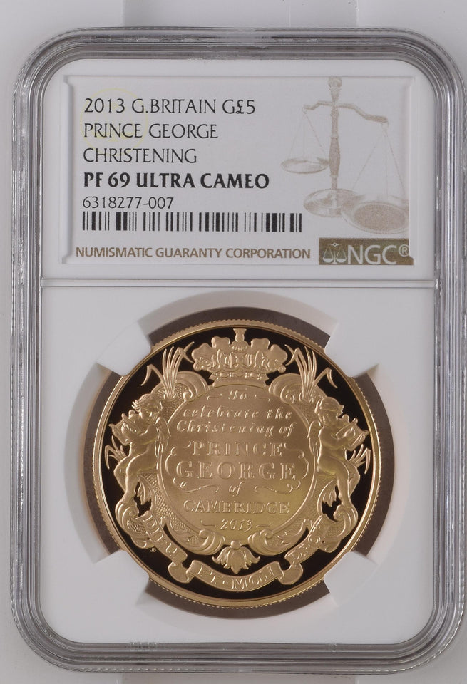 2013 GOLD PROOF £5 COIN PRINCE GEORGE CHRISTENING CAMBRIDGE ( NGC ) PF 69 ULTRA CAMEO - NGC GOLD COINS - Cambridgeshire Coins