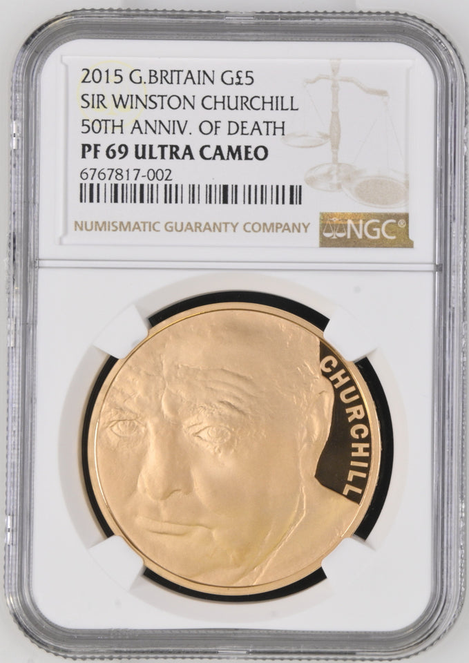 2015 GOLD PROOF £5 SOVEREIGN ( NGC ) PF 69 ULTRA CAMEO 50TH ANNIVERSARY OF THE DEATH OF WINSTON CHURCHILL - NGC GOLD COINS - Cambridgeshire Coins