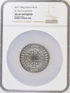 2017 100g SAMOA SILVER $10 ST PAULS CATHEDRAL (NGC) MS69 ANTIQUED - NGC SILVER COINS - Cambridgeshire Coins