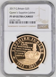 2017 GOLD FIVE POUND QUEEN'S SAPPHIRE JUBILEE PF 69 ULTRA CAMEO - NGC GOLD COINS - Cambridgeshire Coins