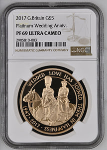 2017 GOLD PROOF £5 PLATINUM WEDDING ANNIVERSARY ( NGC ) PF 69 ULTRA CAMEO - NGC GOLD COINS - Cambridgeshire Coins