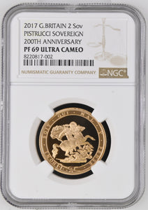 2017 GOLD PROOF PISTRUCCI DOUBLE SOVEREIGN 200TH ANNIVERSARY (NGC) PF 69 ULTRA CAMEO - NGC GOLD COINS - Cambridgeshire Coins